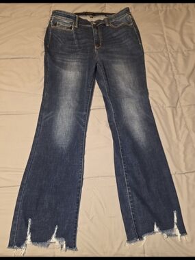 Judy Blue Medium/Dark Blue Bootcut Jeans with Raw Distressed Hems